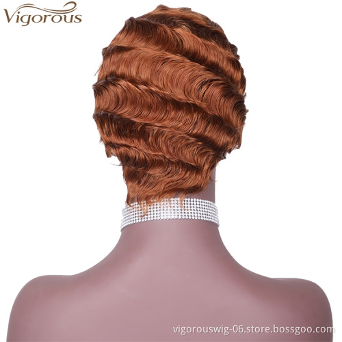 Vigorous Cheap 100% Real Human Hair Finger Wave Wig Pixie Cut Short Light Auburn Curly Wigs for African American Women